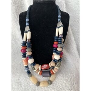 Chicos Necklace Hammered Silver Gold Tone Pendant Chunky Beaded Chain 20 Inch